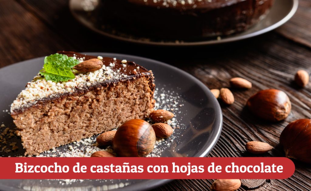 Bizcocho de castañas con hojas de chocolate