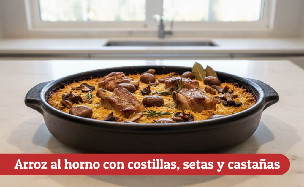 Arroz al horno con costillas, setas y castañas